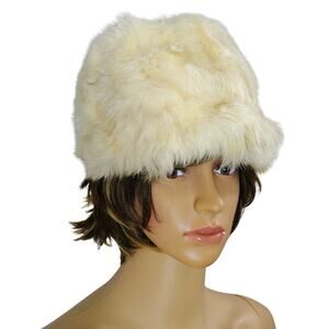 1950s Cream Real Rabbit Fur Tall Pillbox Cossack Russian Winter Hat
